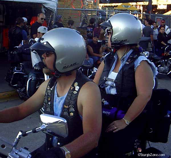 Helmeted riders at Sturgis