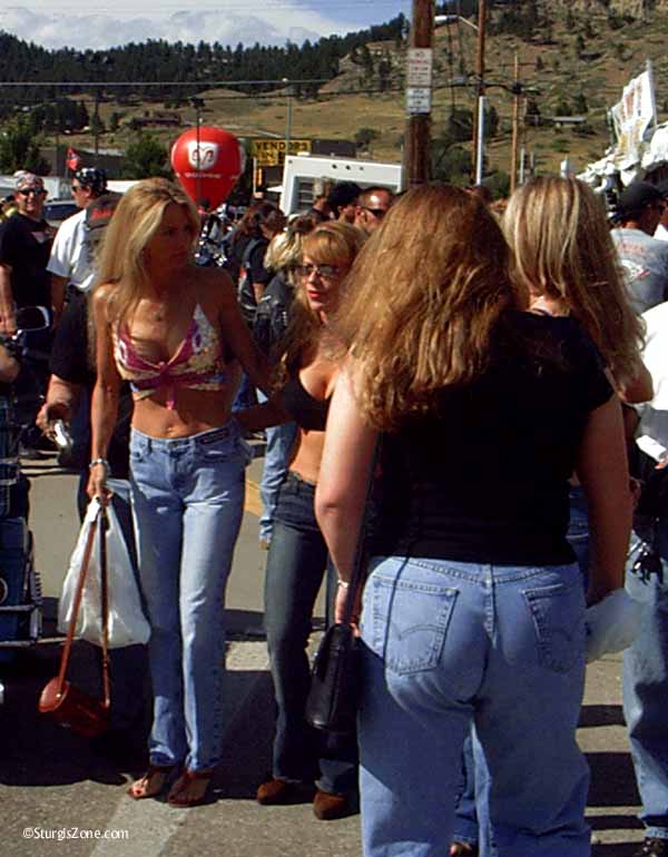 Sturgis Women at the Crosswalk - Sturgis Motorcycle Rally 2002. 
